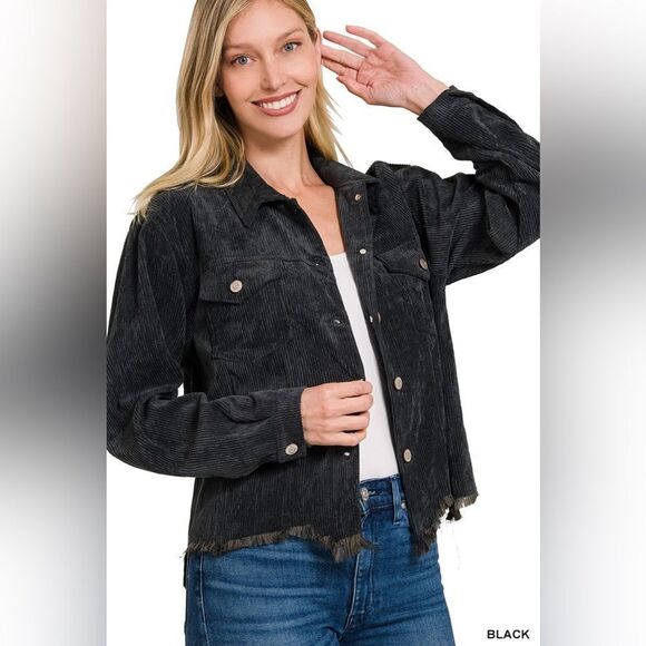 ZENANA DAYNA CORDUROY CROPPED JACKET LARGE Black - Picture 1 of 16